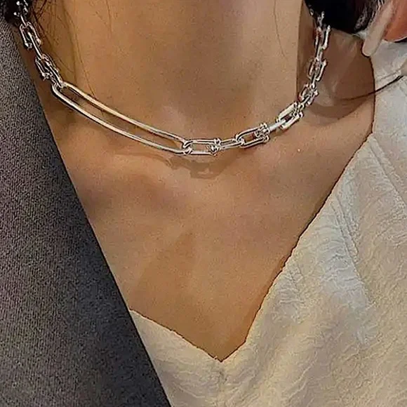 Sterling Silver U Link Horseshoe Chain Link Unisex Paperclip Choker Necklace - Picture 7 of 7